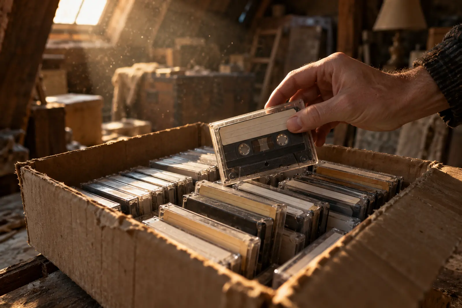 Hand taking an old audio drama cassette out of a box full of tapes in an attic