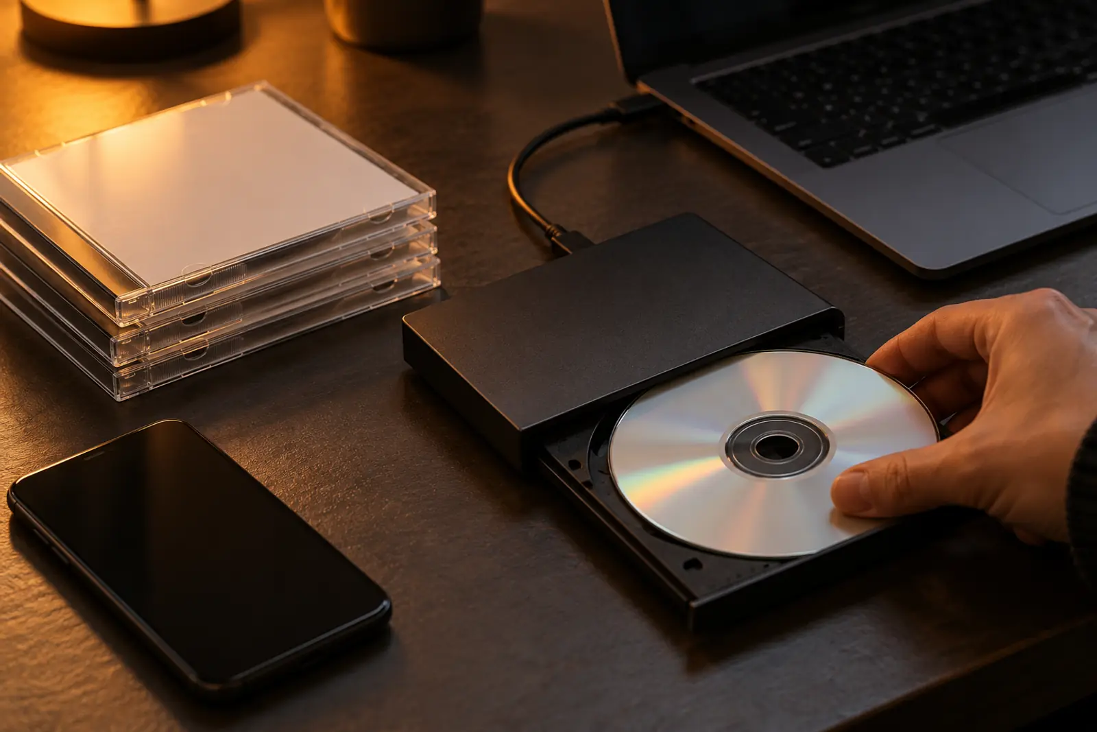 Hand legt eine Hörspiel-CD in ein externes CD-Laufwerk am Laptop, daneben CD-Hüllen und ein iPhone