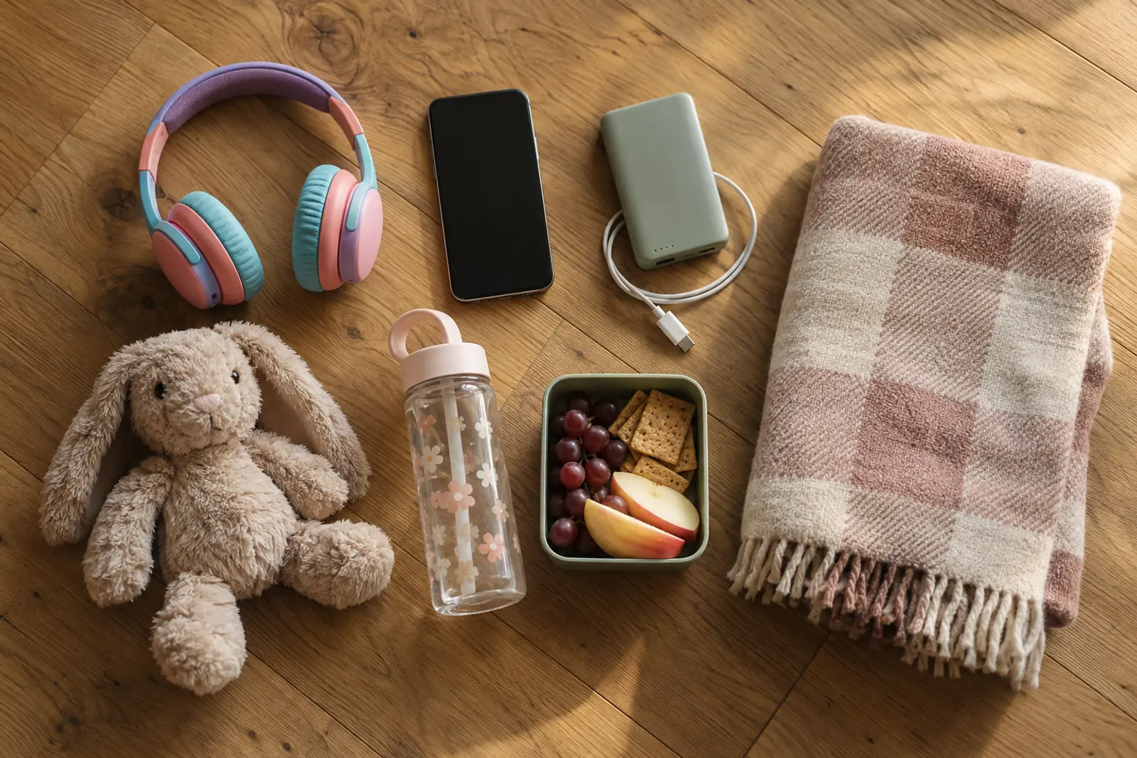 Packliste für die Reise mit Kind: Kinderkopfhörer, iPhone, Powerbank mit Kabel, Kuscheltier, Trinkflasche, Snackdose und Decke